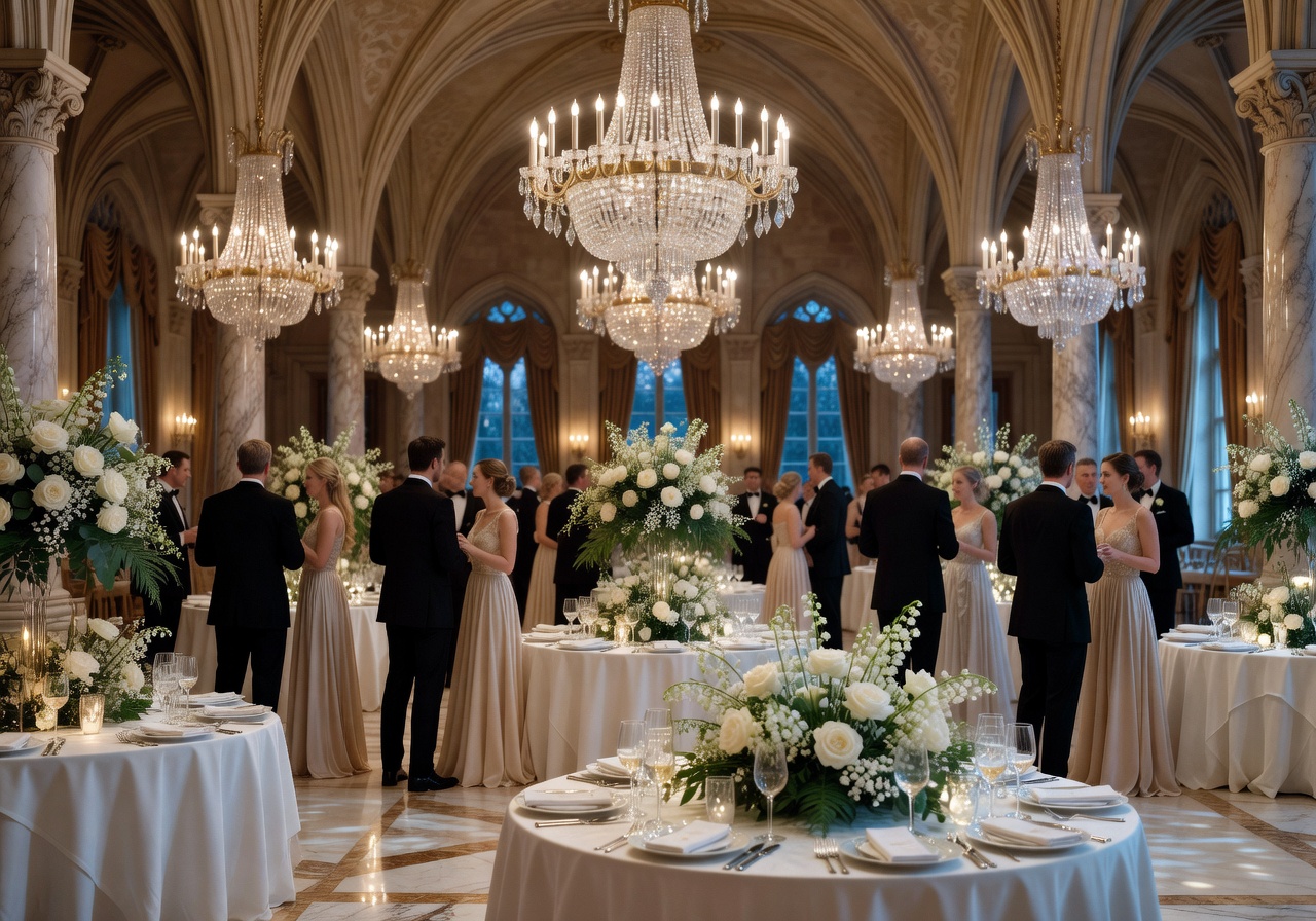 Elegant castle wedding reception in a grand ballroom with crystal chandeliers and white floral arrangements