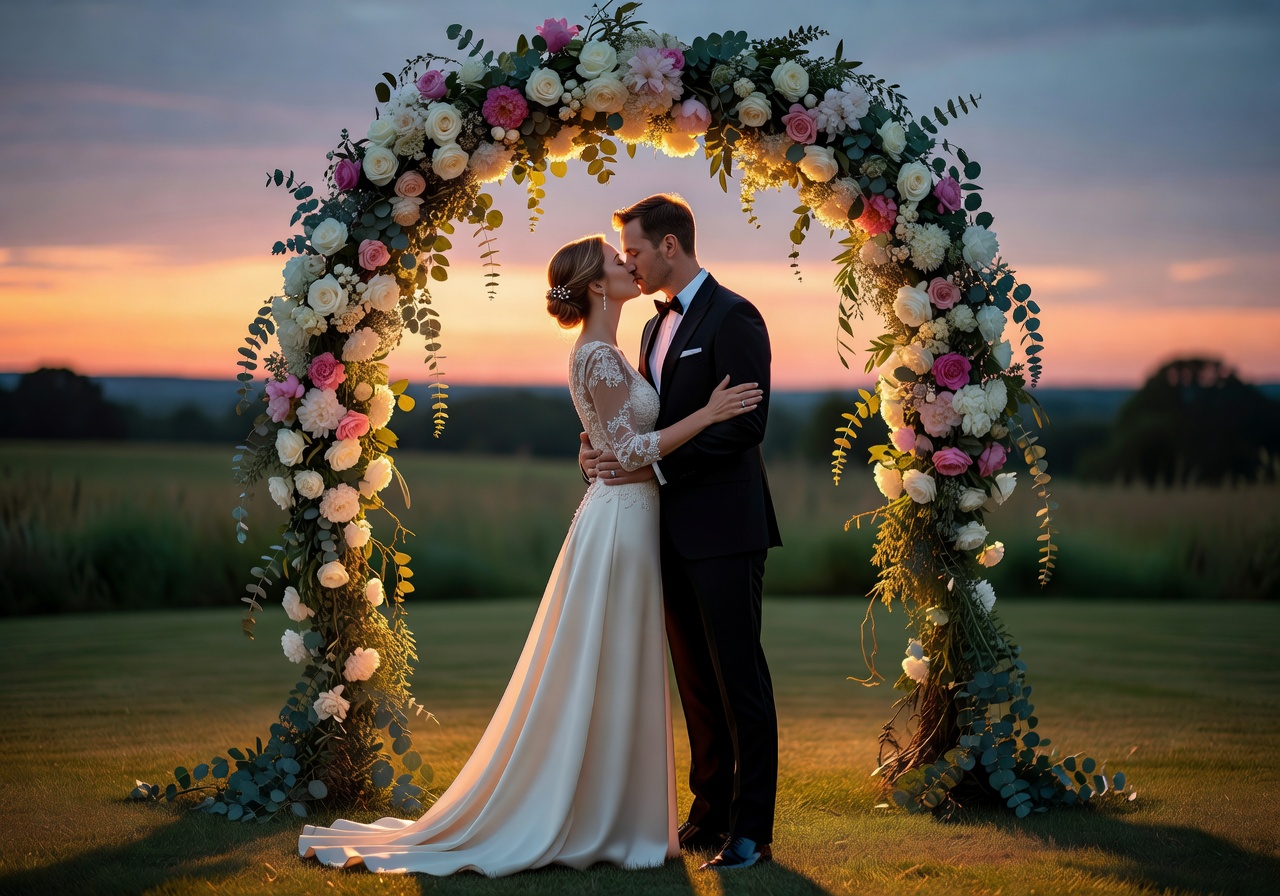 Elegant wedding couple sharing a kiss under a romantic floral arch at sunset