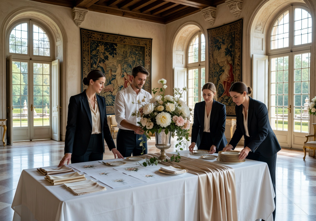 Elegant wedding planning team preparing a luxury celebration in a German estate