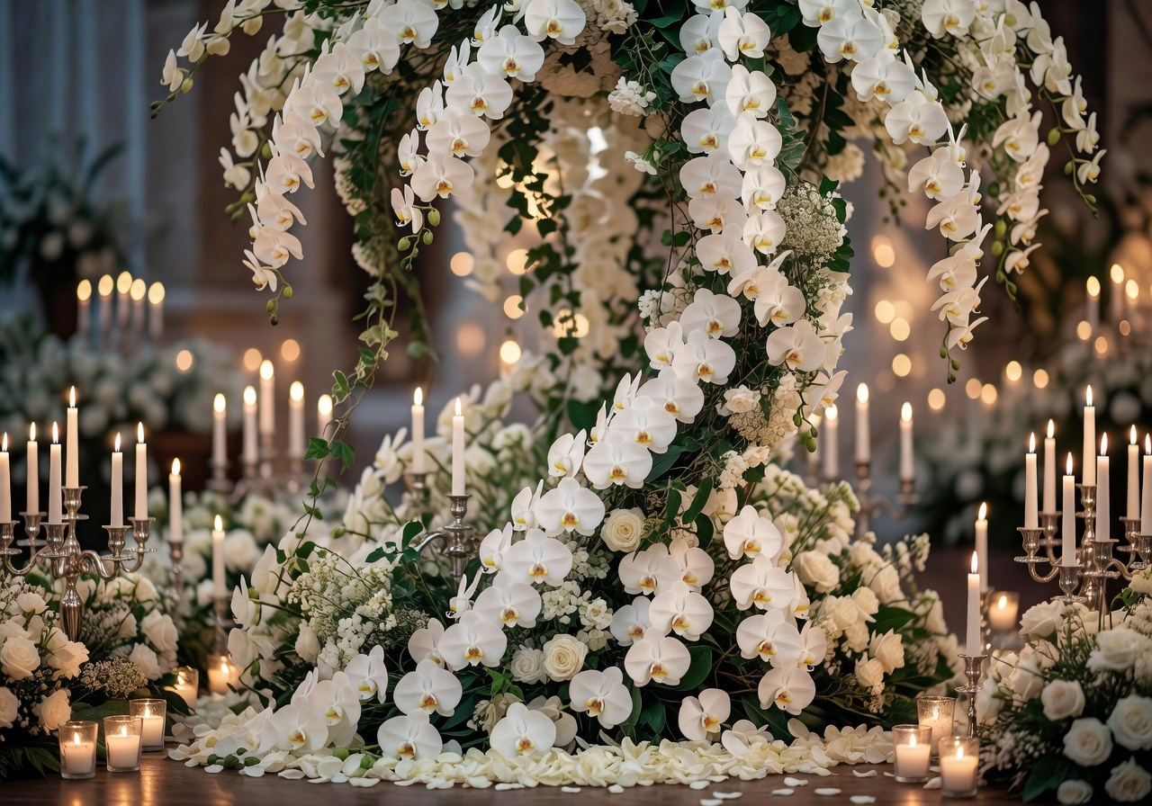 Exquisite wedding floral installation with cascading white orchids and romantic candlelight