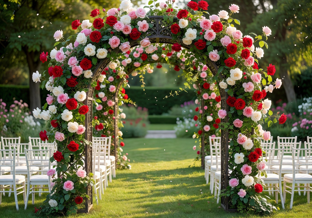 Garden wedding ceremony with blooming rose archway and elegant white chairs