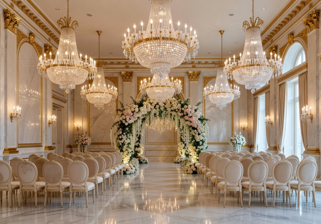 Grand luxury wedding venue interior with high ceilings, crystal chandeliers, and marble floors