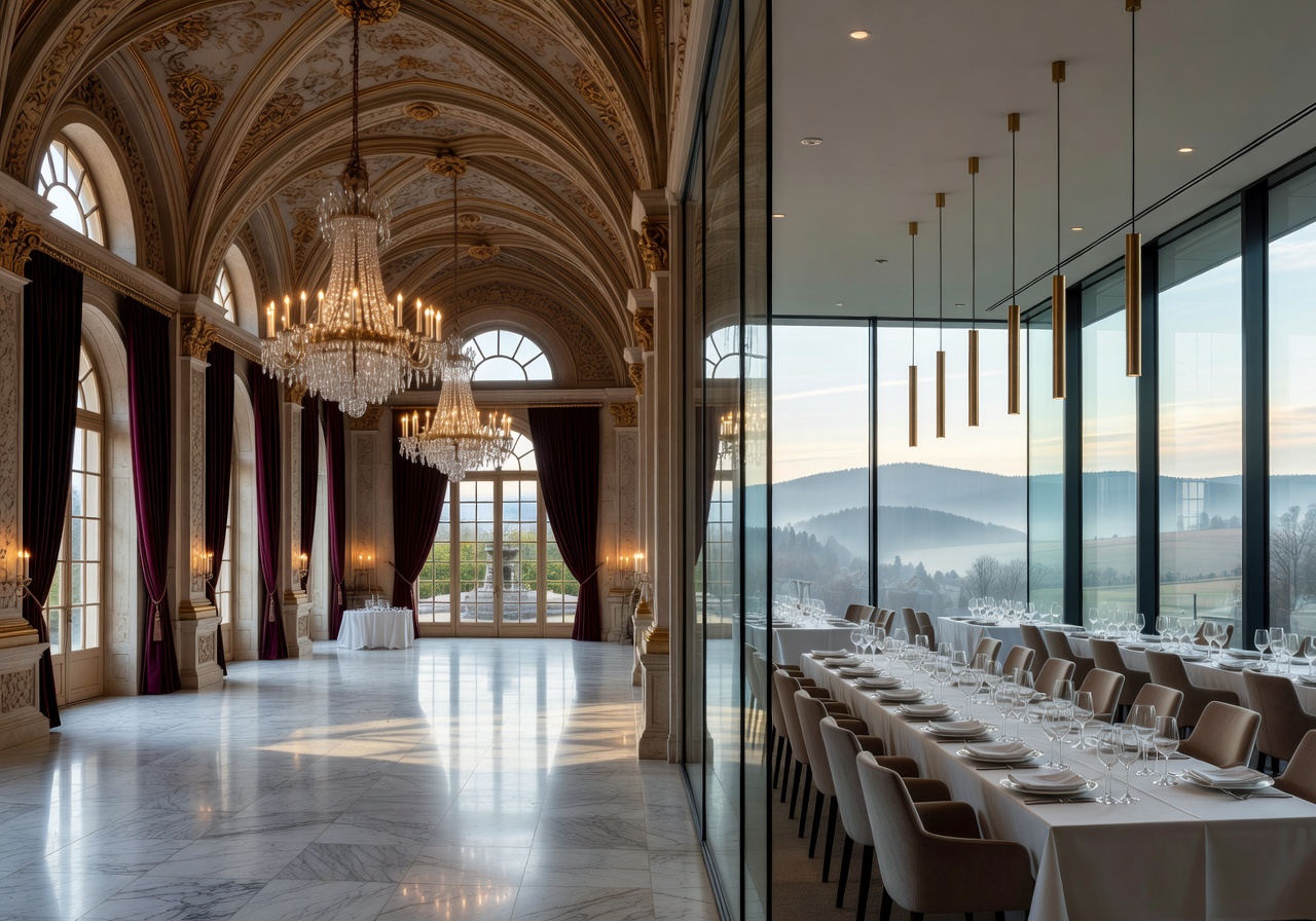 Glamorous ballroom wedding with dramatic draping, crystal installations, and premium lighting