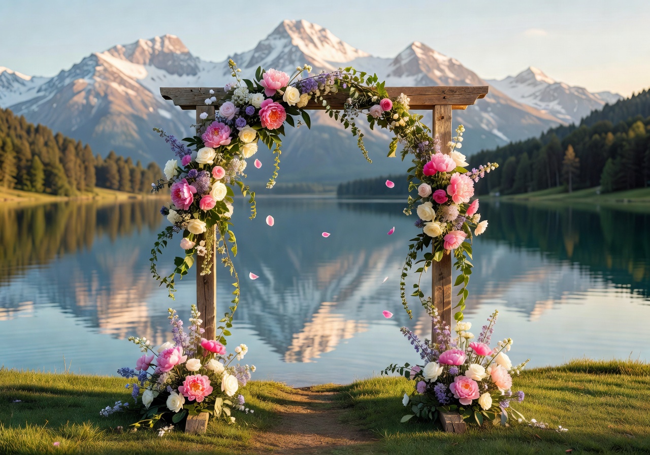 Lakeside outdoor wedding with a floral-covered wooden arch and mountain reflections in the water