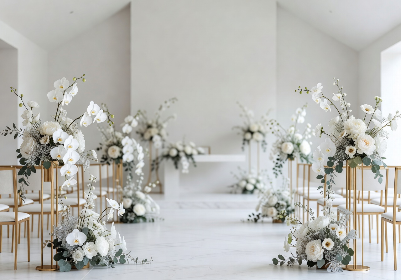 Luxury modern wedding with minimalist white design, gold accents, and designer floral arrangements