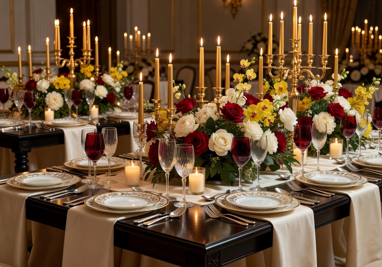 Luxury wedding reception with premium table settings and golden candlelight ambiance