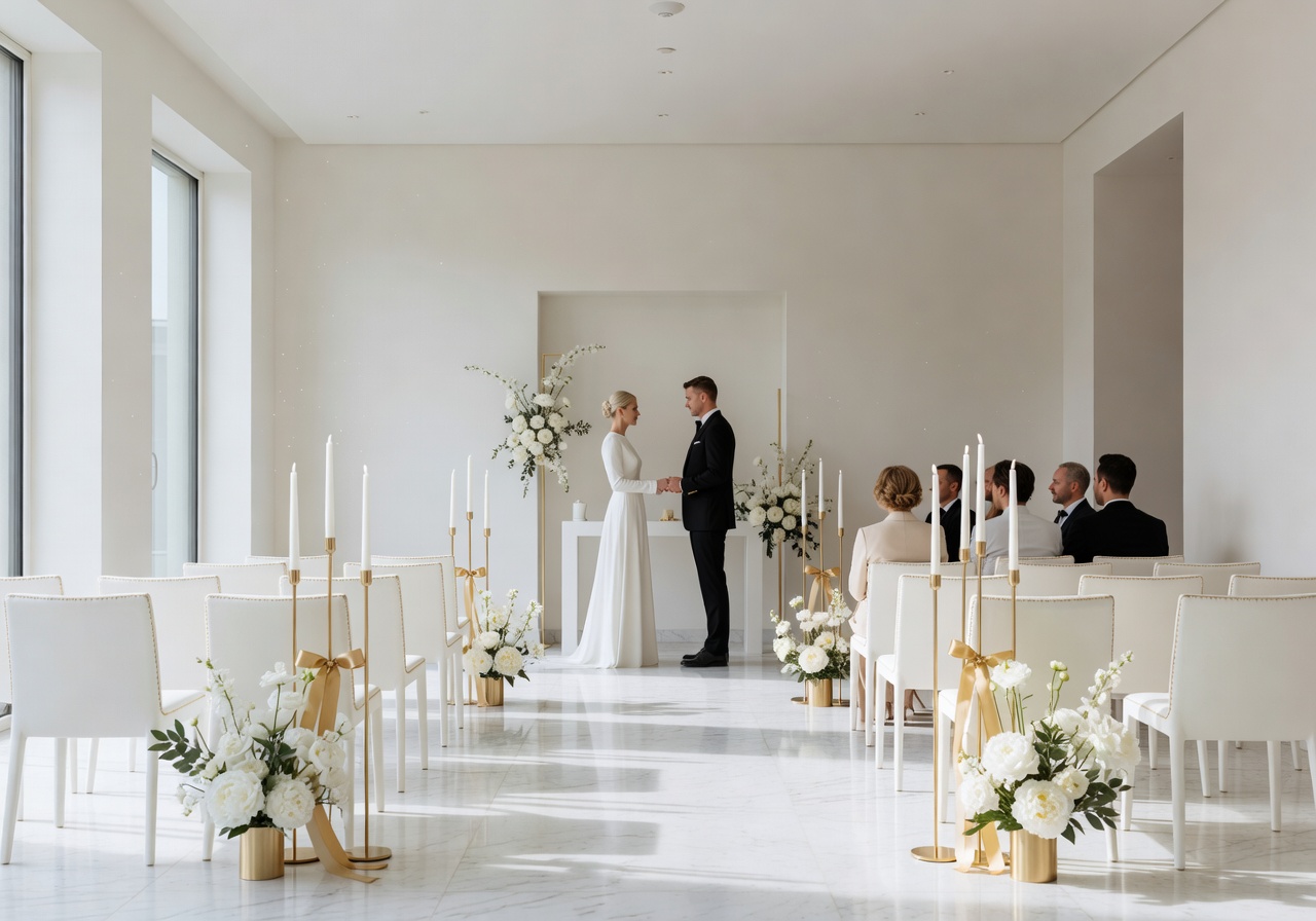 Modern luxury wedding at a Berlin boutique hotel with minimalist white decor and gold accents