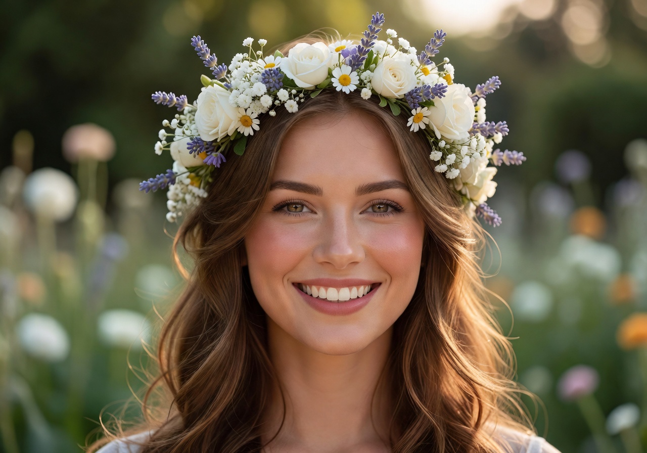 Portrait of bride Lena with a radiant smile and natural flower crown