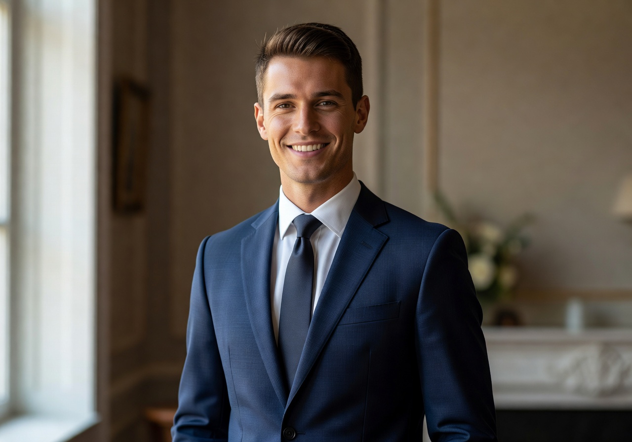 Portrait of groom Marcus smiling warmly in a classic navy suit