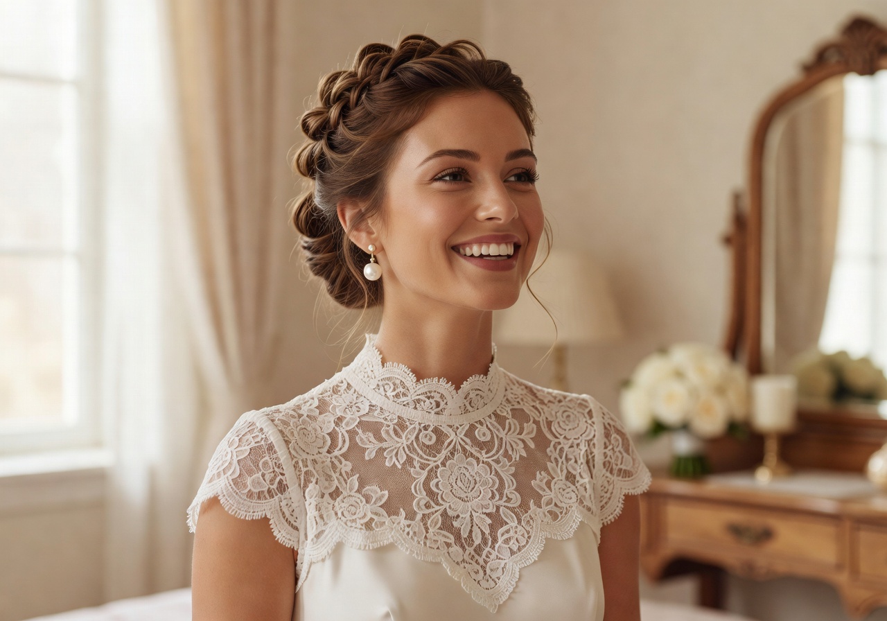 Portrait of happy bride Sophie with elegant updo and pearl earrings