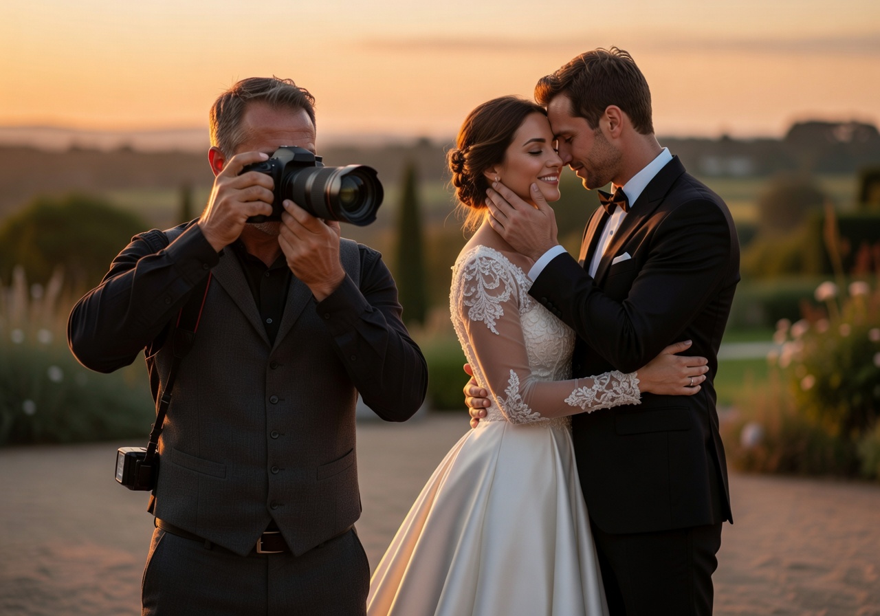 Professional wedding photographer capturing intimate moments between bride and groom at golden hour