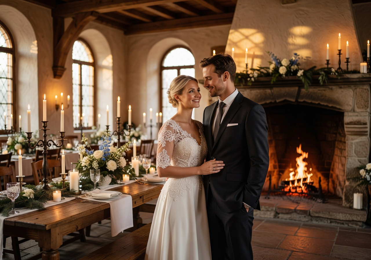 Grand wedding dinner in a historic German castle with long banquet tables and golden centerpieces