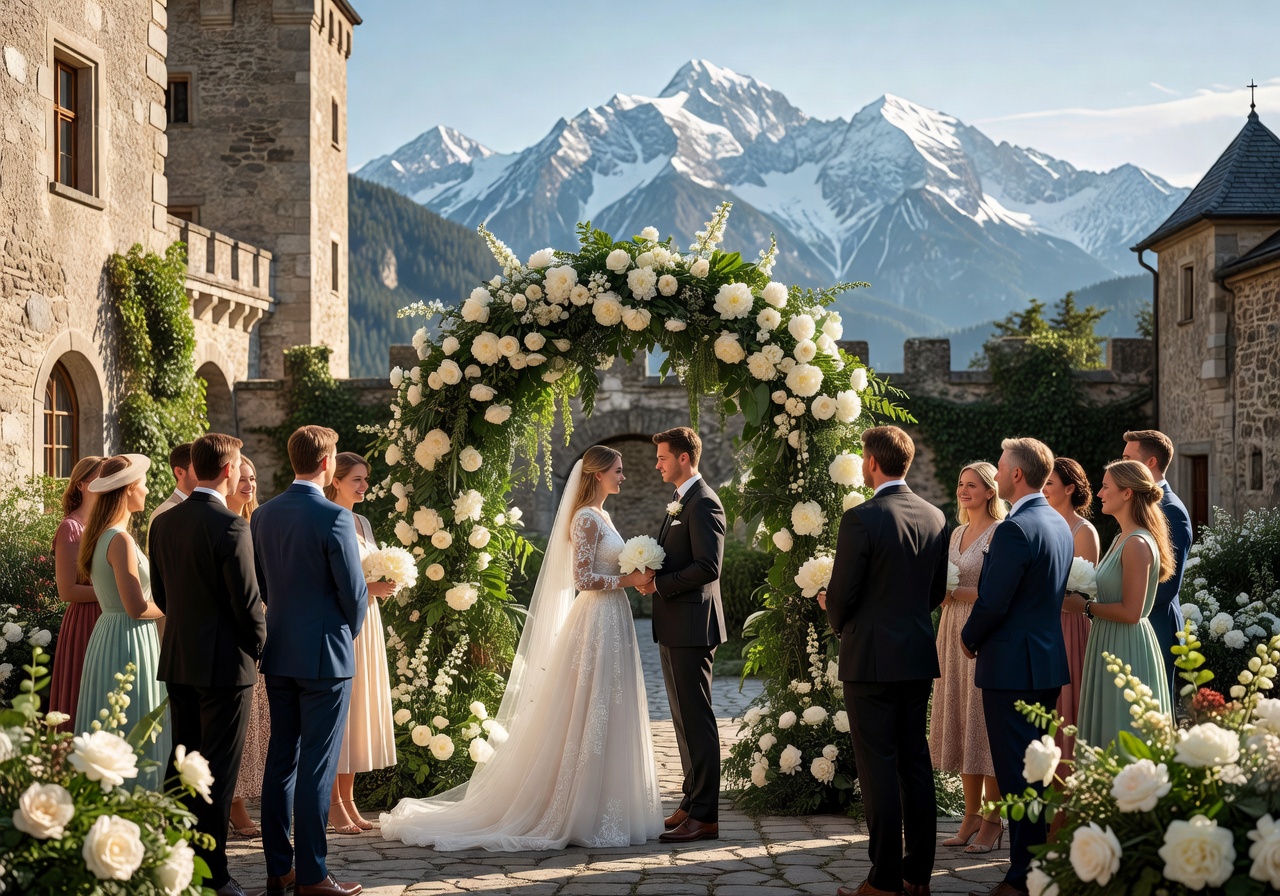 Romantic castle wedding ceremony in Bavaria with mountain backdrop and floral archway