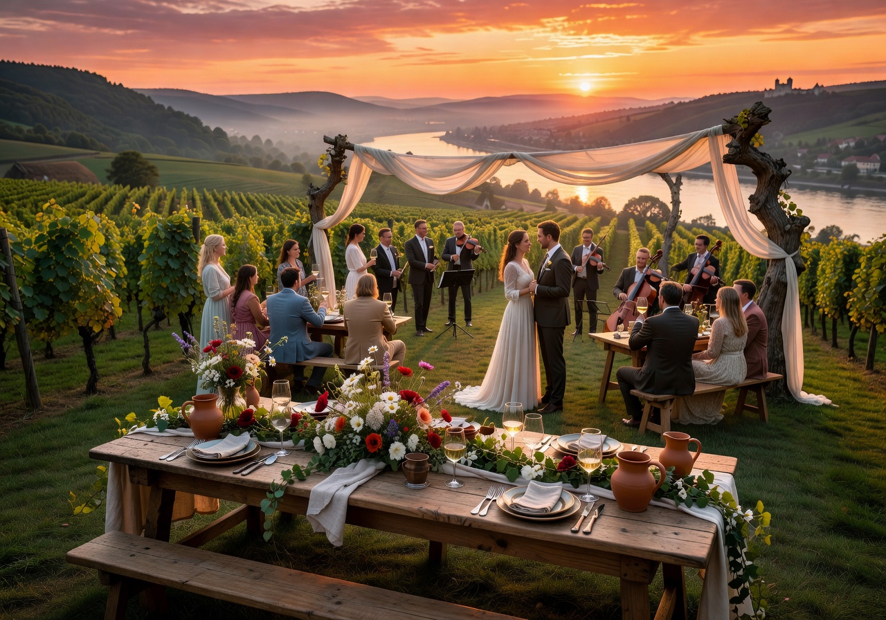 Romantic vineyard wedding in the Rhine Valley with sunset views and rustic table settings