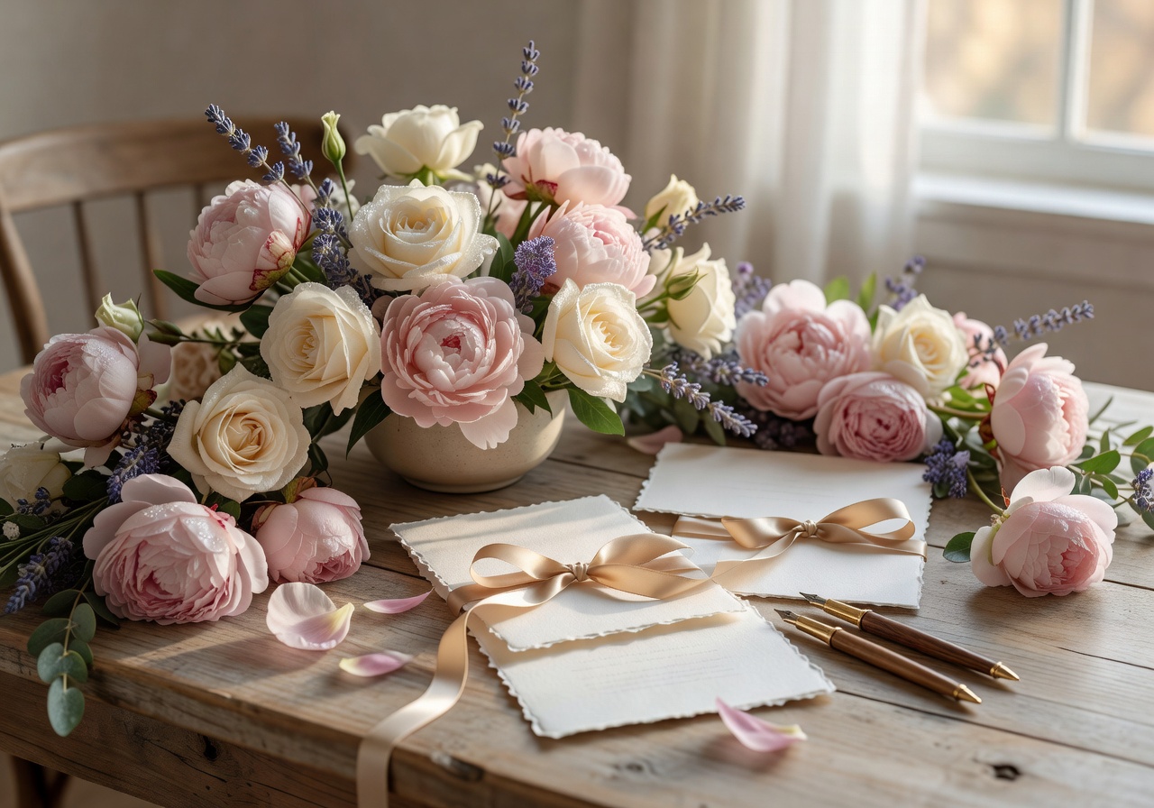 Romantic wedding planning inspiration with blooming flowers and elegant stationery