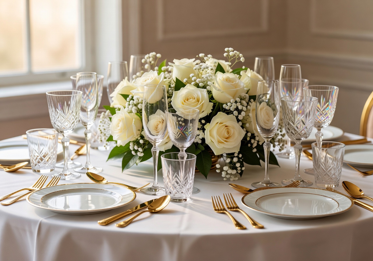 Stunning luxury wedding table setting with crystal glasses, white roses, and gold cutlery