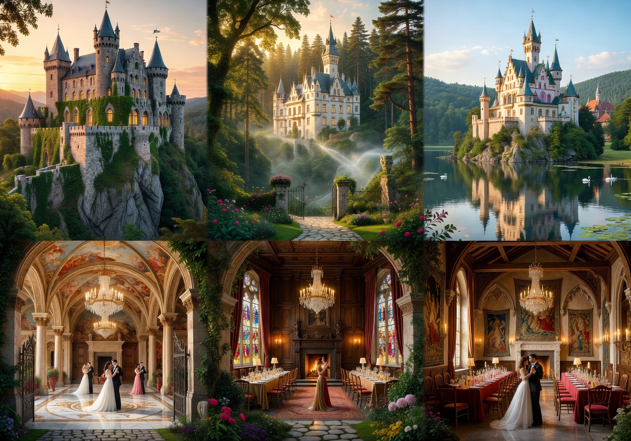 Fairy-tale castle wedding reception with crystal chandeliers and candlelit tables in Bavaria