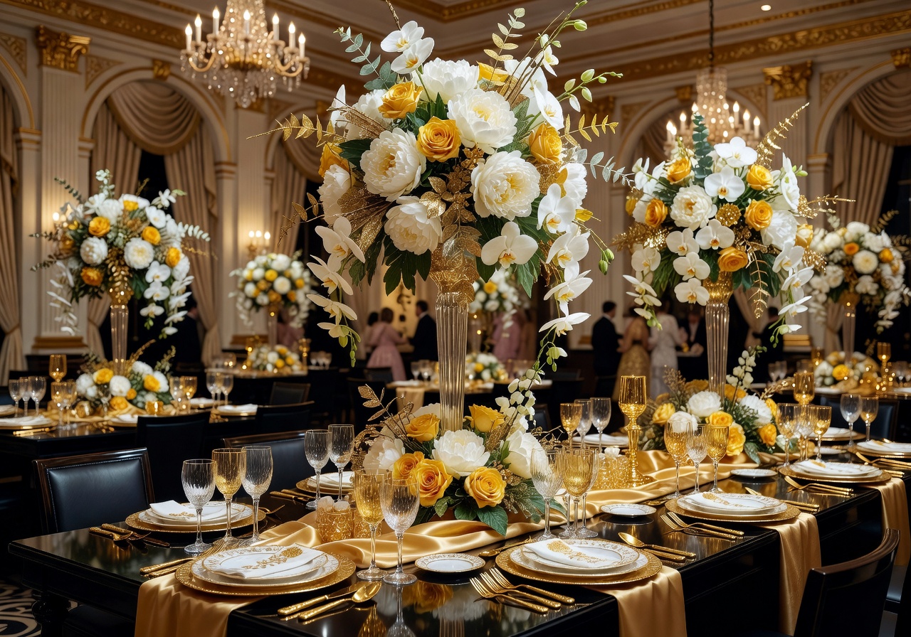 Ultra-luxury wedding with towering floral centerpieces and shimmering gold table settings